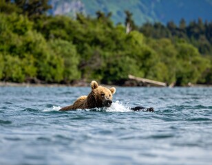 Grizzly bear swimming in a lake, catching prey