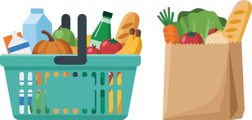 Grocery basket and paper bag full of fresh food, healthy vegetables, organic produce, shopping concept, nutrition, market, eco lifestyle, illustration