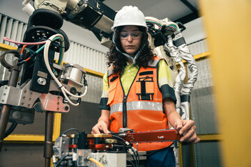 Female engineer in safety gear operating industrial robot in modern factory, concept of AI learning, robotics training, automation, and women in engineering.
