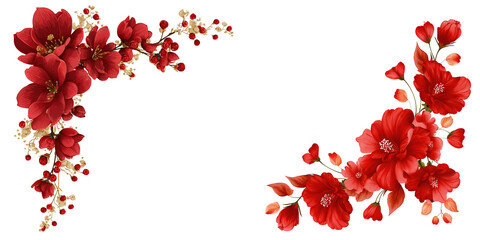 Set of Red flower corner decoration border, floral frame with red flowers isolated on a transparent background