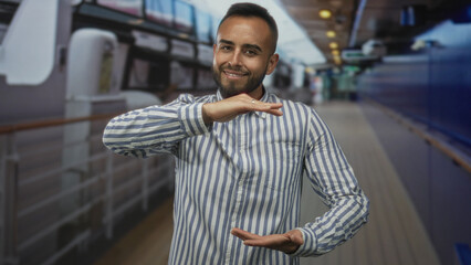 Naklejka premium Man frames space with hands on a cruise ship street deck, smiling and presenting palms in gesture; serene confidence.
