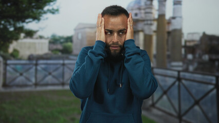 Young hispanic man in blue hoodie covers ears with hands at building railing near ruins, clutching...