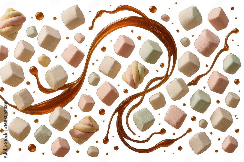 Poster colorful marshmallows and flowing caramel splashes isolated on a transparent background