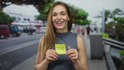 Young woman holding a tax note and offering a thumbs-up gesture on a city street lined with...