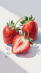 Fresh, juicy strawberries with water droplets on a bright, clean surface