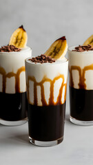 Decadent coffee dessert layered with cream, caramel drizzle, and fresh banana slice