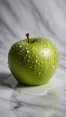 Fresh green apple with glistening water droplets on a marbled surface