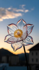Delicate glass flower glows against a soft sunset sky with distant buildings.