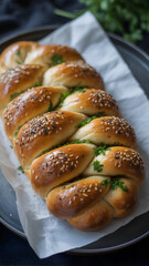 Golden braided bread topped with sesame seeds and fresh herbs