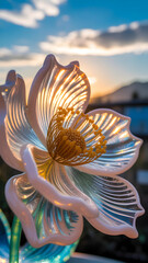 Delicate translucent flower illuminated by warm sunset light, evoking tranquility and beauty.
