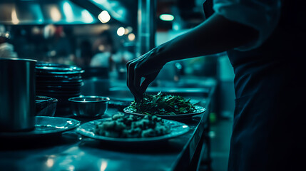 Chef Plating Dish in a Dimly Lit Kitchen