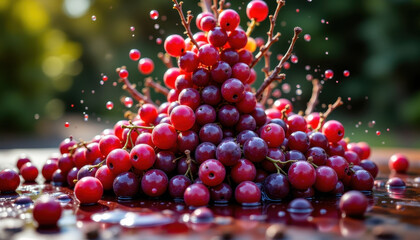 Red grape cluster with water droplets splashing around, fresh and vibrant fruit on reflective surface, natural outdoor setting with blurred background