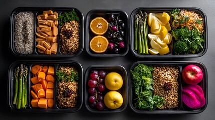 A vibrant meal prep arrangement containing varied healthy ingredients, including whole grains, organic vegetables, and fresh fruits, neatly organized in black containers.