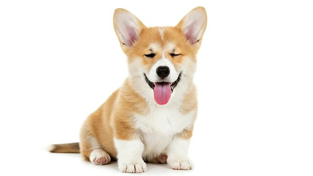 A corgi puppy sits looking at the viewer with a cheerful expression and pink tongue showing
