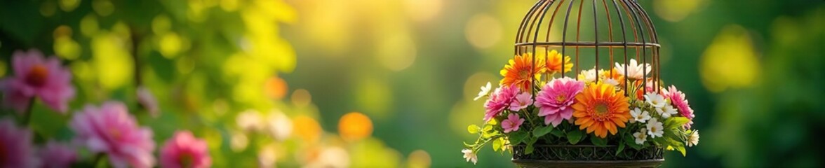 Obraz premium A vibrant summer scene featuring a birdcage overflowing with colorful flowers and lush greenery, bathed in warm sunlight , still life, day