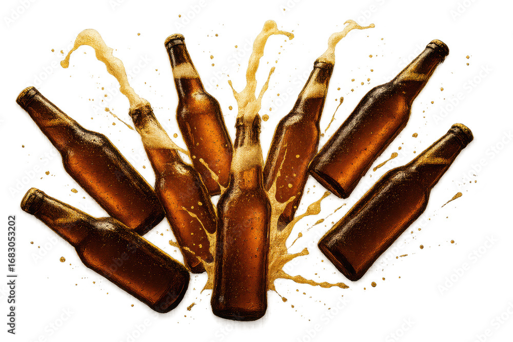 Poster Dynamic beer splash from multiple bottles, isolated on transparent background.