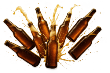 Dynamic beer splash from multiple bottles, isolated on transparent background.