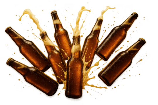 Dynamic beer splash from multiple bottles, isolated on transparent background. - Powered by Adobe