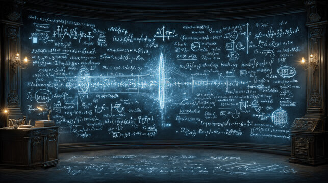 Futuristic workspace with glowing equations and dark wooden desk   - Powered by Adobe