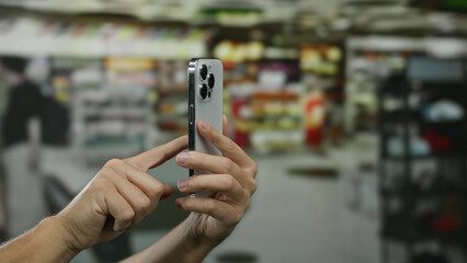 Man using smartphone in a mall store setting while hand gesture interacts with device amid blurred shopping environment, capturing modern consumer lifestyle.