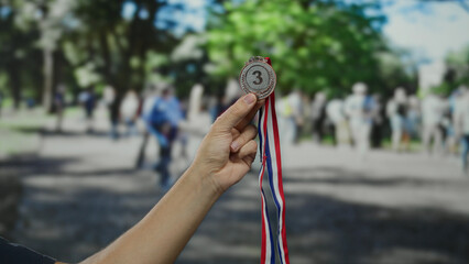 Man holding medal outdoors in city street surrounded by blurred crowd, showcasing achievement and...