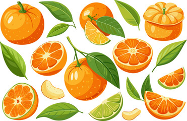 Obraz premium Fresh orange. Big vector collection of fresh oranges. Orange fruit isolated on white background. 