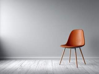 A single, light-brown leather-like chair sits centered in a simple, neutral-toned room, showcasing clean lines and a minimalist aesthetic.