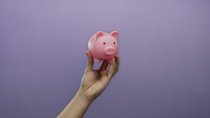 Hand holding pink piggy bank against purple background symbolizes saving and finance concept.