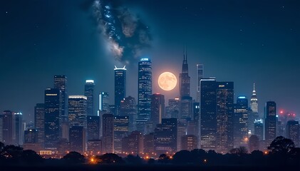 Futuristic city skyline at night with a full moon glowing above skyscrapers, cinematic cyberpunk atmosphere.
