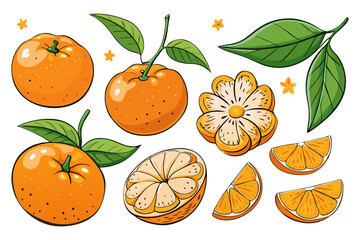 Fresh orange. Big vector collection of fresh oranges. Orange fruit isolated on white background.
