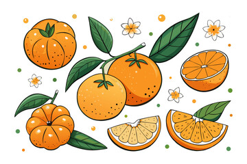 Fresh orange. Big vector collection of fresh oranges. Orange fruit isolated on white background.

