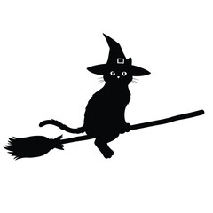 Black cat witch hat broomstick flight vector