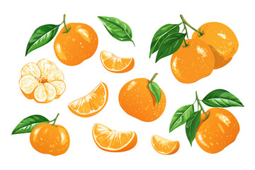 Fresh orange. Big vector collection of fresh oranges. Orange fruit isolated on white background.
