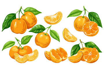 Fresh orange. Big vector collection of fresh oranges. Orange fruit isolated on white background.
