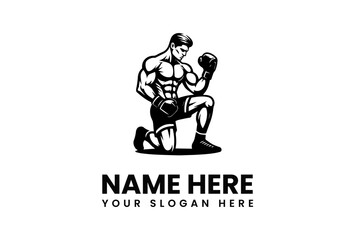 Powerful Boxer in a Kneeling Pose Logo Design 1.