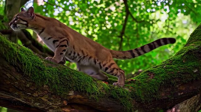 Margay cat cautiously maneuvers across a moss-covered branch in lush foliage environment