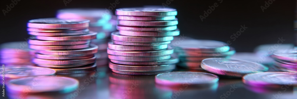 Poster coins are stacked with colorful reflections on a dark background, highlighting the unique details an