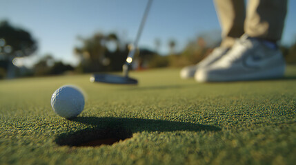 Golf ball inches from the hole, a moment of anticipation and focus on the green, ready for success in the game of golf, sportsmanship
