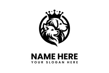 Regal Canine Duo Crowned Dog and Puppy in Elegant Silhouette Emblem.
