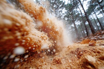 Sand erupts from a dirt track
