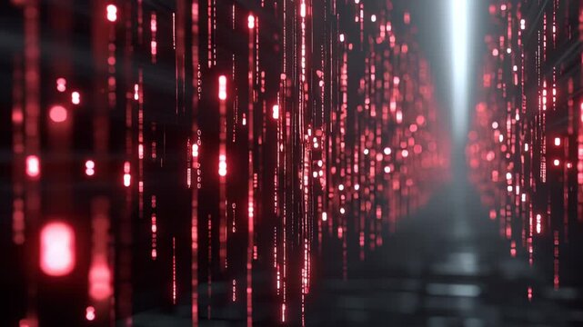 Red glowing digital code cascading in a dark data corridor, ideal for cybersecurity threats, digital hacking, system breach visuals, tech error displays, or firewall simulation.