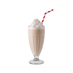 Milkshake close up in tall glass with whipped topping and straw