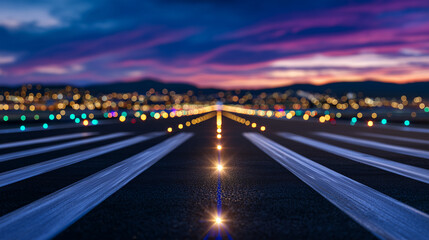 Fototapeta premium Low-angle shot of illuminated taxiway edge light against dusk sky, bold runway markings stretching forward, sleek airplane in background piloted by female captain preparing for tak