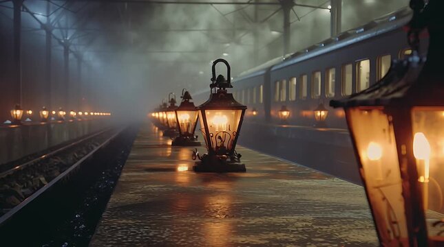 Night scene at a train station platform. Rows of lit lanterns line a wet platform, with a train visible in the foggy background. Dark, moody atmosphere.