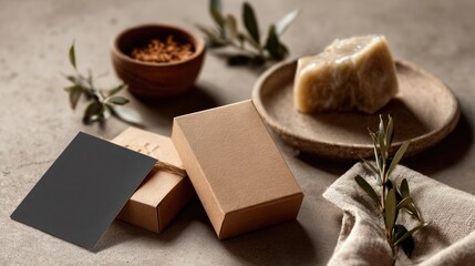 Natural handmade soap and packaging arranged with olive branches on a rustic table