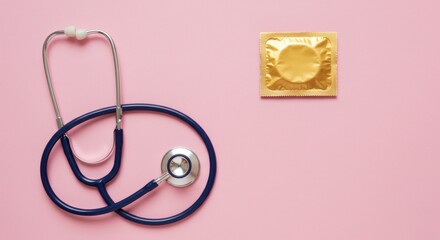 Fototapeta premium Stethoscope Condom Sexual Health Checkup on Pink.