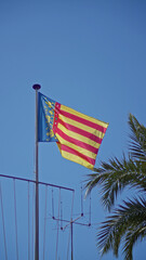 Valencia flag waving against clear blue sky with palm tree, symbolizing spanish region's sunny outdoor beauty and vibrant culture.