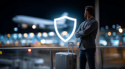 A traveler stands confidently at the airport terminal, suitcase beside them, with a glowing shield-shaped hologram overlaying an airplane in the background, symbolizing safety and