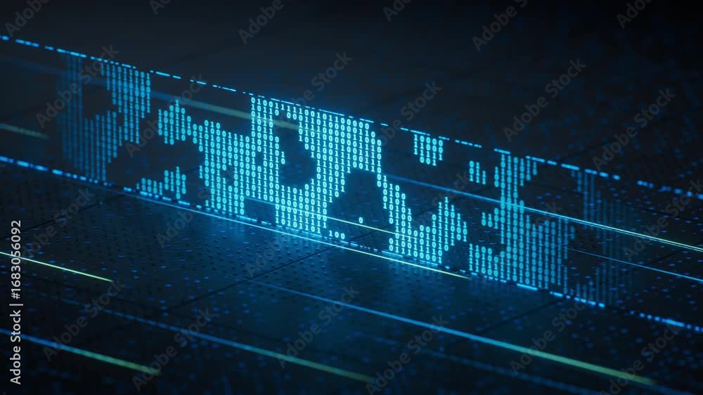 Poster technology circuit board with glowing binary data, 3d rendering.
