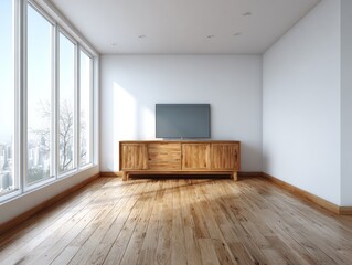 Fototapeta premium A modern living room interior showcases a light-filled corner space with a wooden entertainment center and large windows.